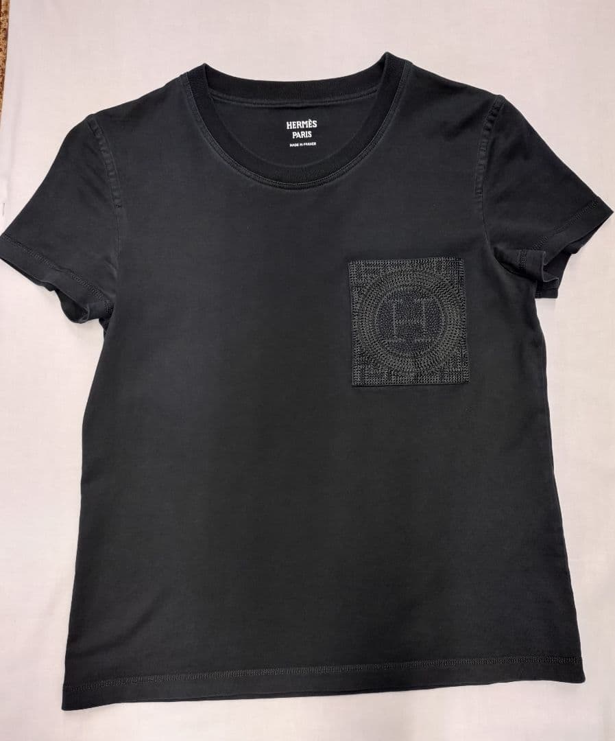 HERMES　エルメス　胸ポケット刺繍　黒Tシャツ　サイズ34