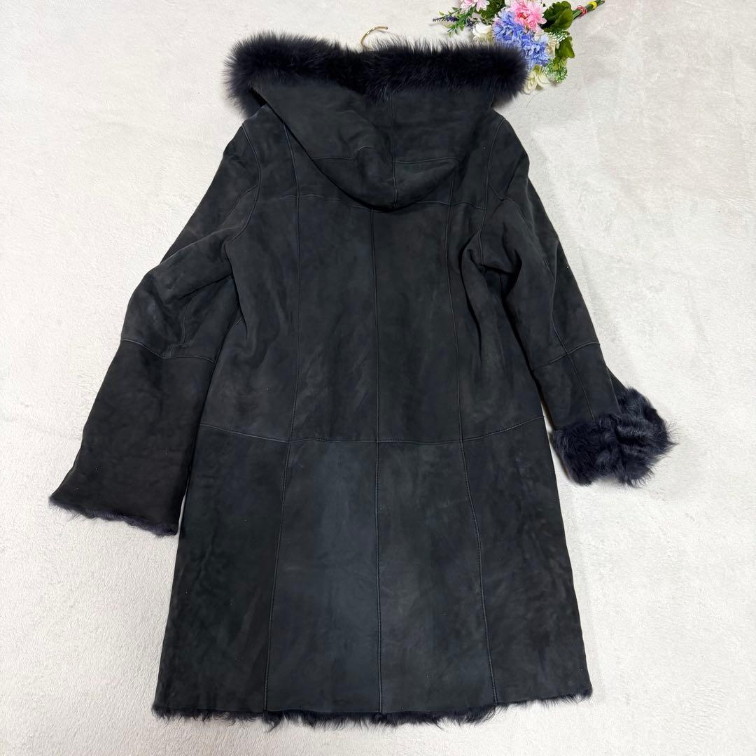 美品★ムートンコート　フォックスファー　フード　ラム　リアルファー　グレー　F