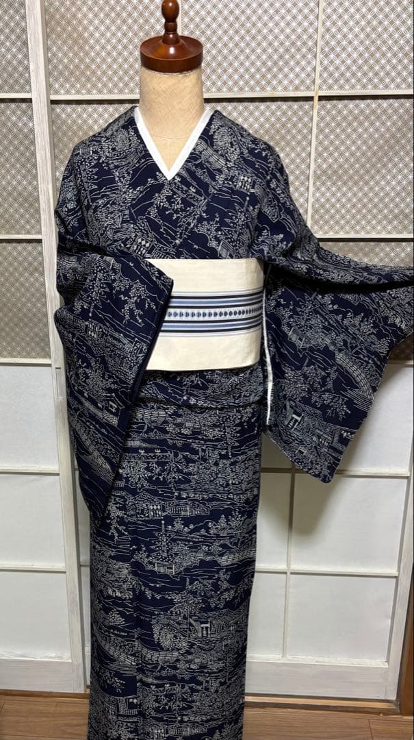 天然藍　藍香房　正絹小紋　シルクケア　未使用しつけ糸付き　美品 トールサイズ