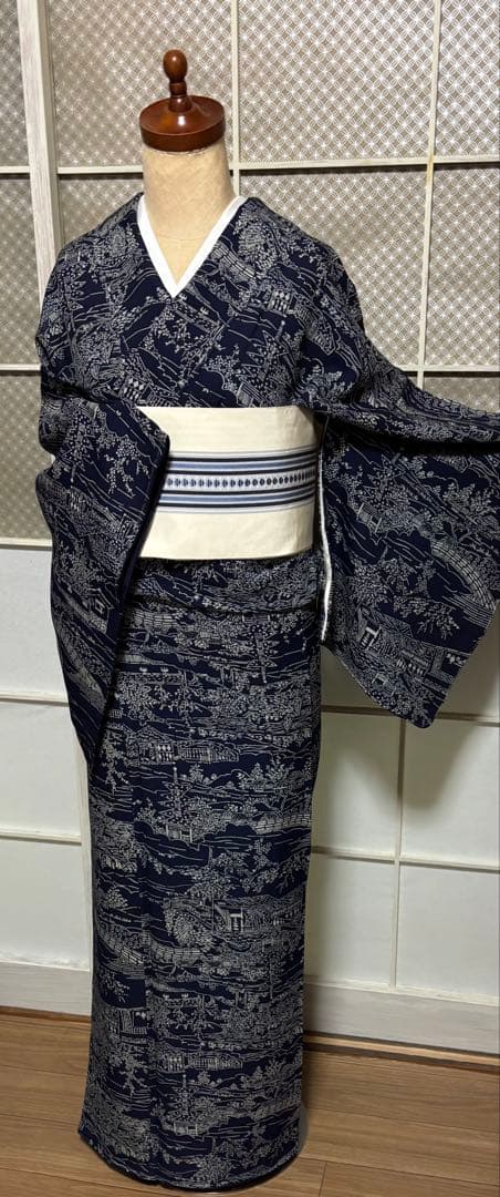 天然藍　藍香房　正絹小紋　シルクケア　未使用しつけ糸付き　美品 トールサイズ