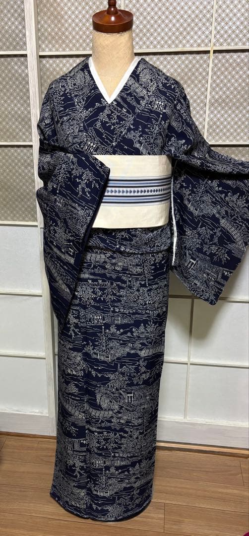 天然藍　藍香房　正絹小紋　シルクケア　未使用しつけ糸付き　美品 トールサイズ