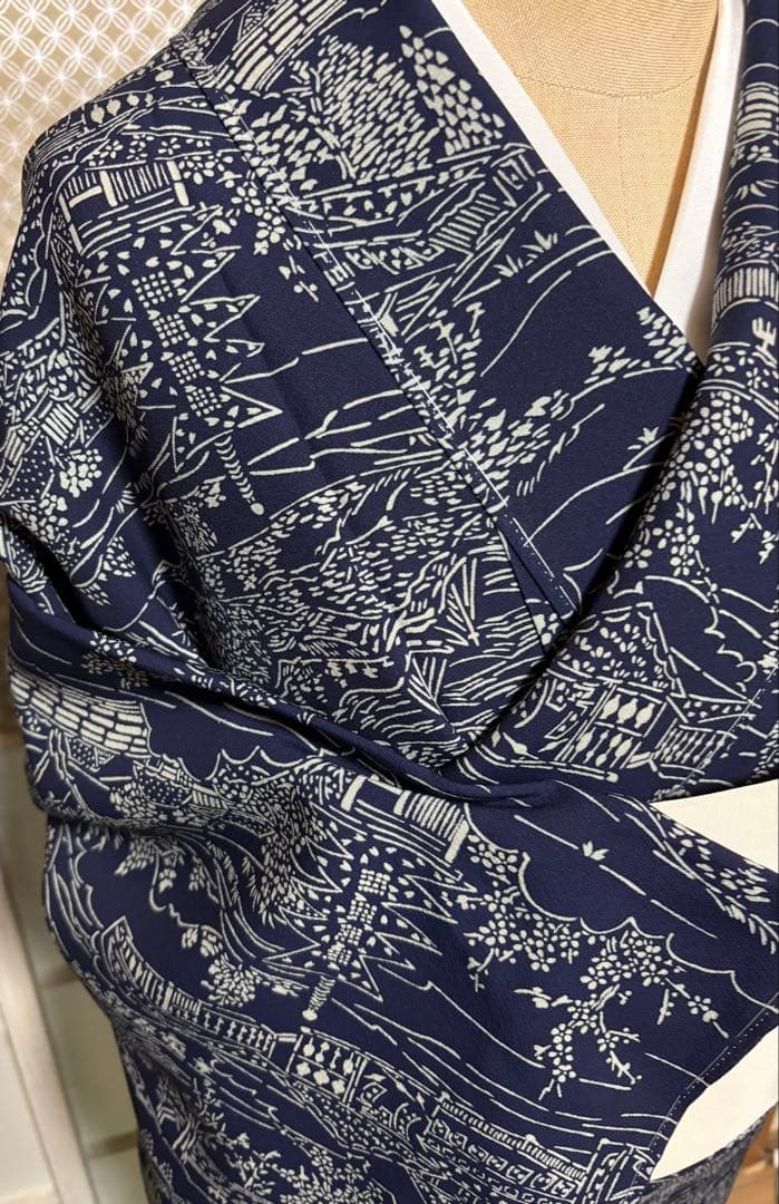 天然藍　藍香房　正絹小紋　シルクケア　未使用しつけ糸付き　美品 トールサイズ