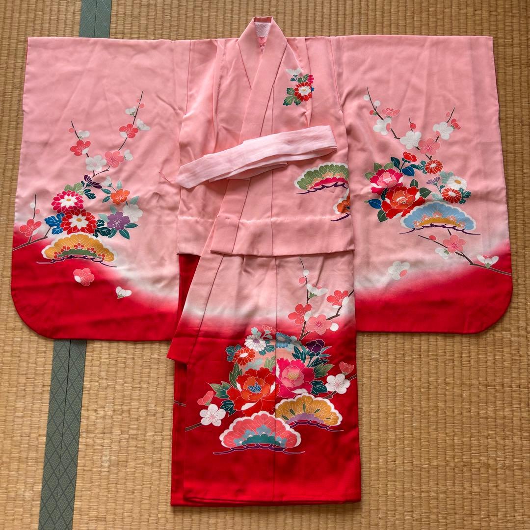 七五三 3歳 被布 着物 絹 三歳 赤 ピンク 753 子供着物 パステルカラー