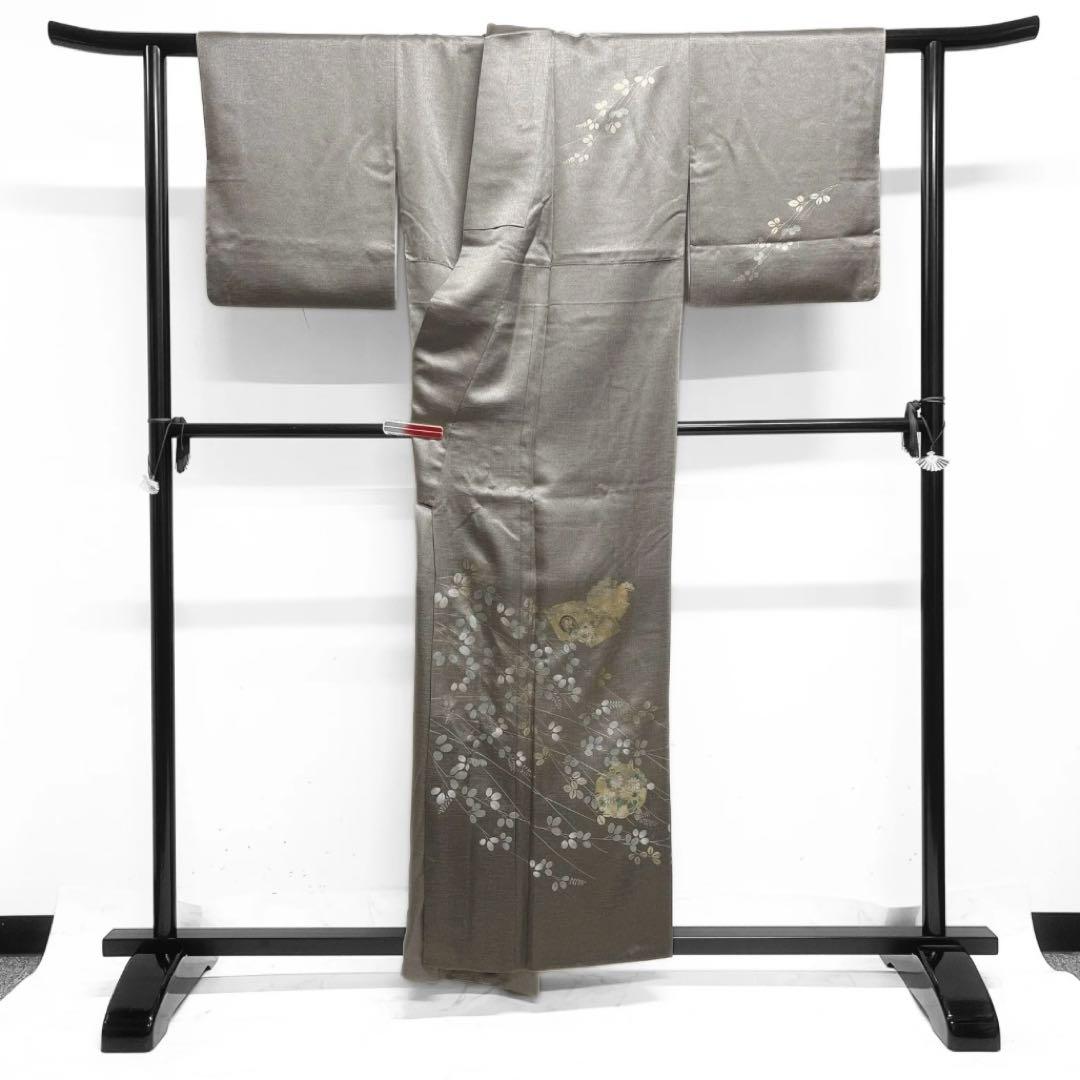 付け下げ　萩　金彩　彩箔　扇　雪輪紋　菊　楽器　松　紋無し　着物　055a d