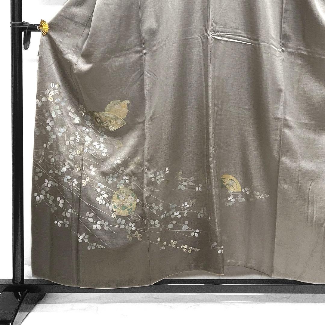 付け下げ　萩　金彩　彩箔　扇　雪輪紋　菊　楽器　松　紋無し　着物　055a d