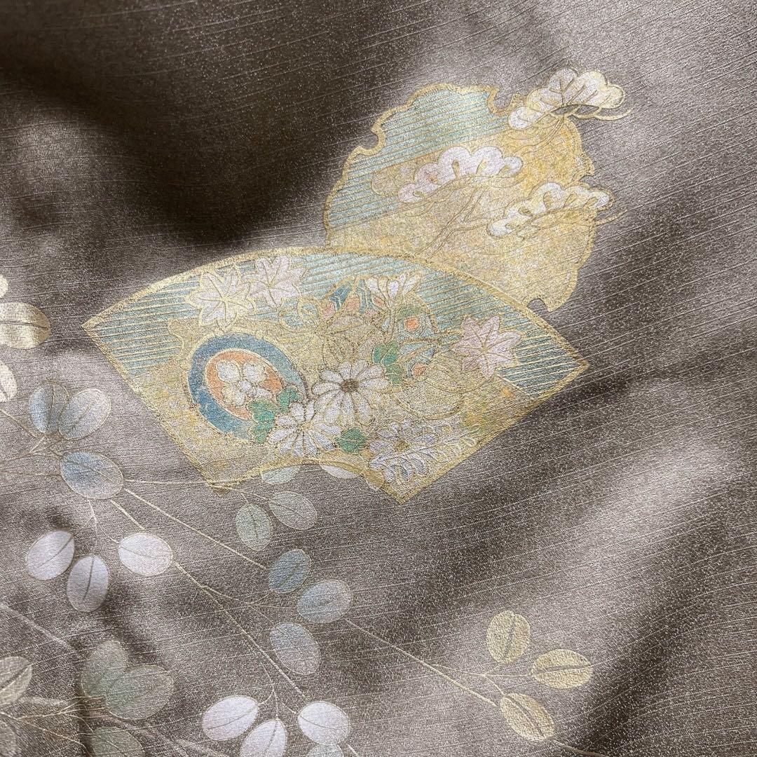 付け下げ　萩　金彩　彩箔　扇　雪輪紋　菊　楽器　松　紋無し　着物　055a d