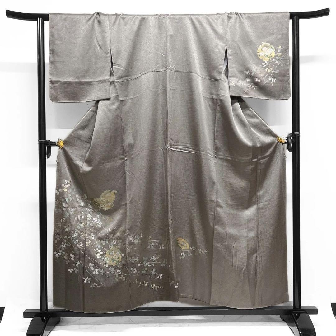 付け下げ　萩　金彩　彩箔　扇　雪輪紋　菊　楽器　松　紋無し　着物　055a d