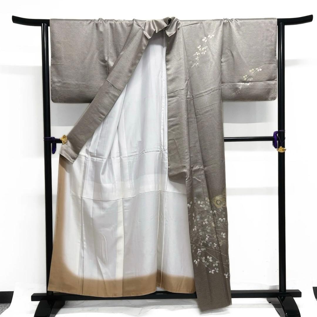 付け下げ　萩　金彩　彩箔　扇　雪輪紋　菊　楽器　松　紋無し　着物　055a d