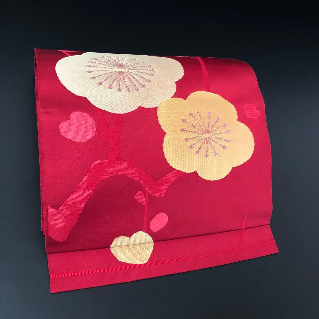 SO-767 名古屋帯 松葉仕立て 六通 八寸 正絹 梅 ハート カジュアル