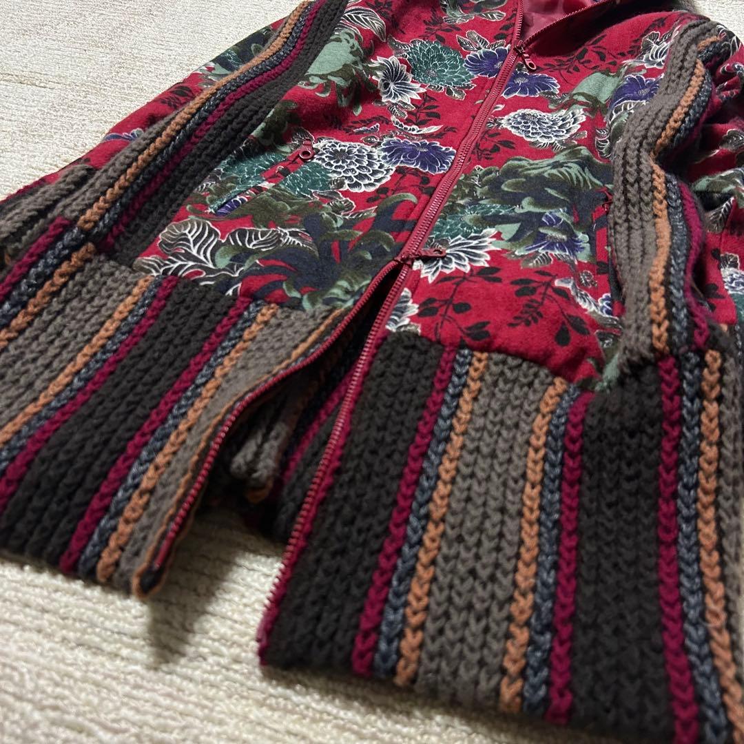 GLAMDY グラムディ　和風花柄　ロングコート　和柄　モヘヤ混　総柄　異素材