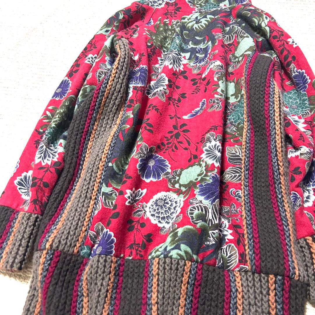 GLAMDY グラムディ　和風花柄　ロングコート　和柄　モヘヤ混　総柄　異素材