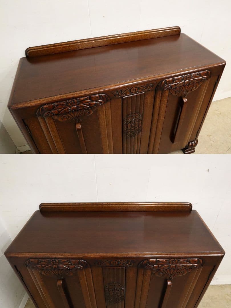 英国アンティーク・オーク材 サイドボード・木彫刻・バルボスレッグ・アールデコ