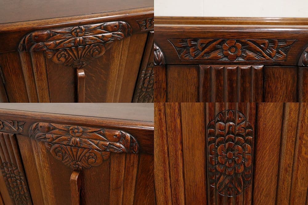 英国アンティーク・オーク材 サイドボード・木彫刻・バルボスレッグ・アールデコ