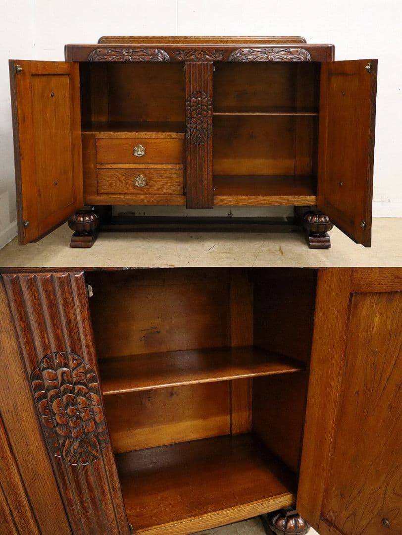 英国アンティーク・オーク材 サイドボード・木彫刻・バルボスレッグ・アールデコ