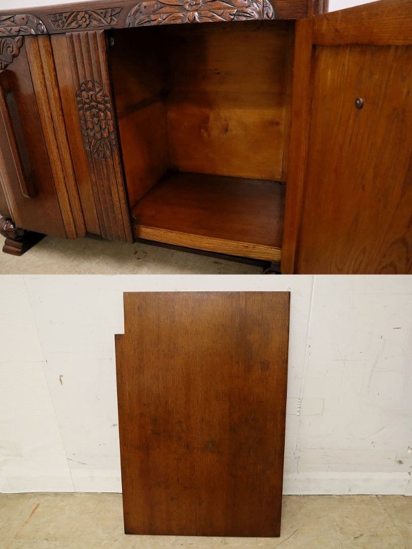 英国アンティーク・オーク材 サイドボード・木彫刻・バルボスレッグ・アールデコ