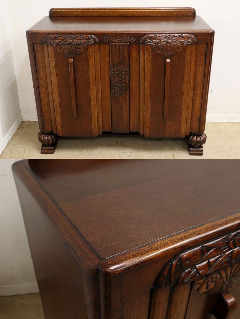 英国アンティーク・オーク材 サイドボード・木彫刻・バルボスレッグ・アールデコ