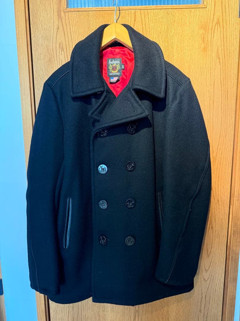 Schott ブラック ウール ピーコート