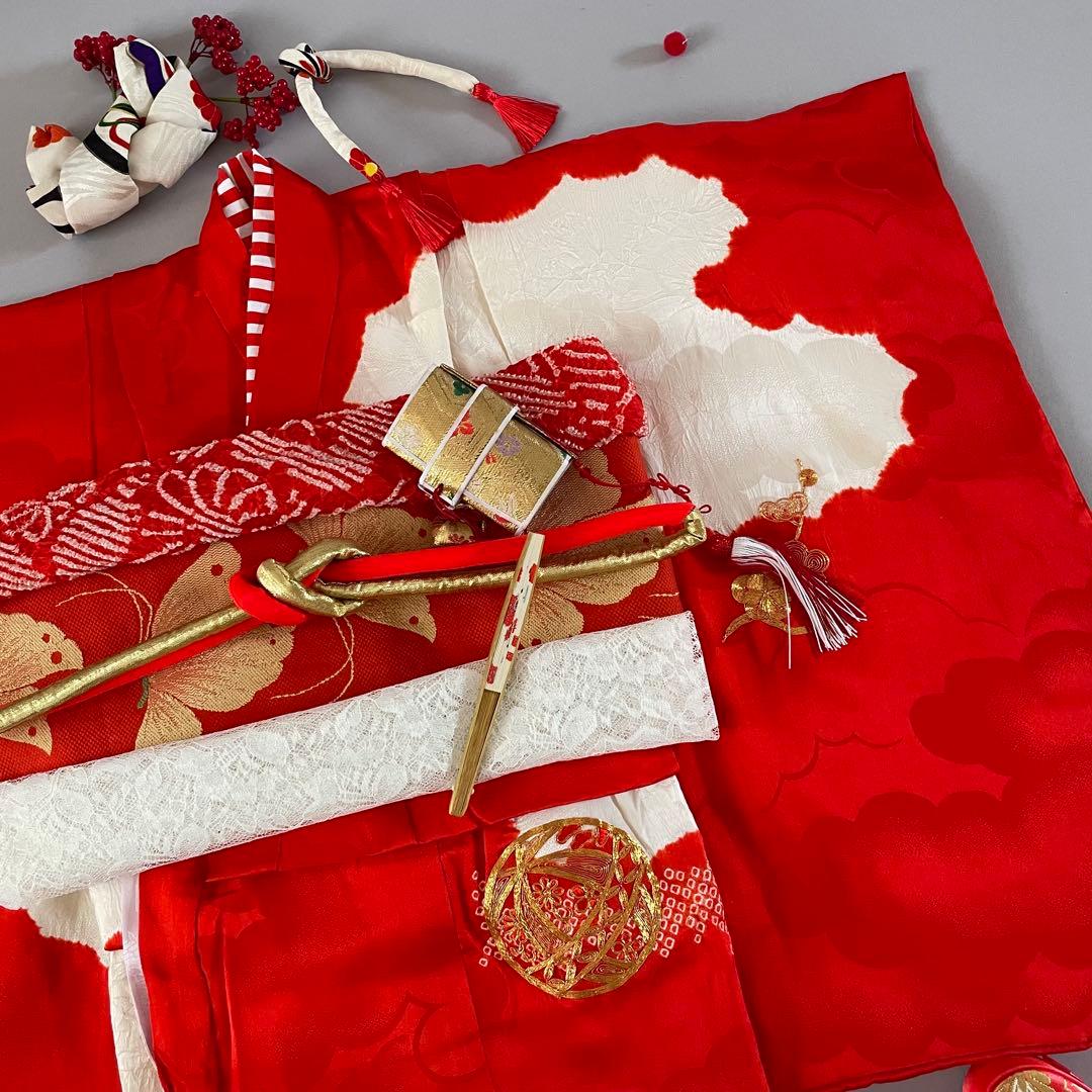 七五三　3歳　正絹お着物セット　髪飾り付き