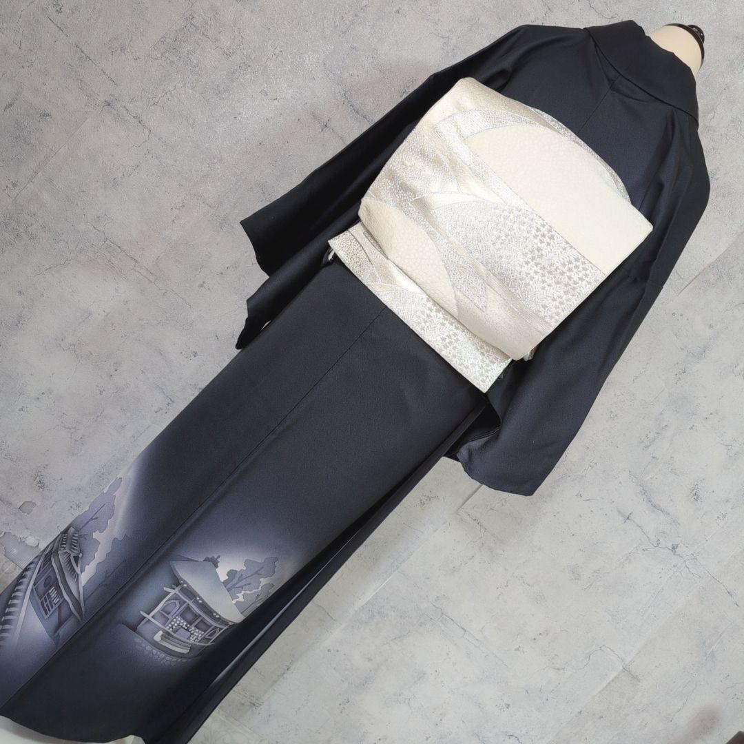 訪問着　フルセット　着物　正絹　粋　墨黒　五重塔　風景模様　かっこいい　F2