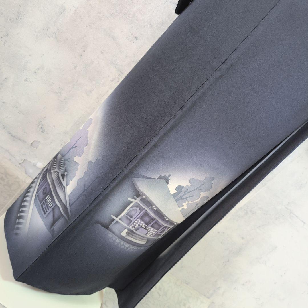 訪問着　フルセット　着物　正絹　粋　墨黒　五重塔　風景模様　かっこいい　F2