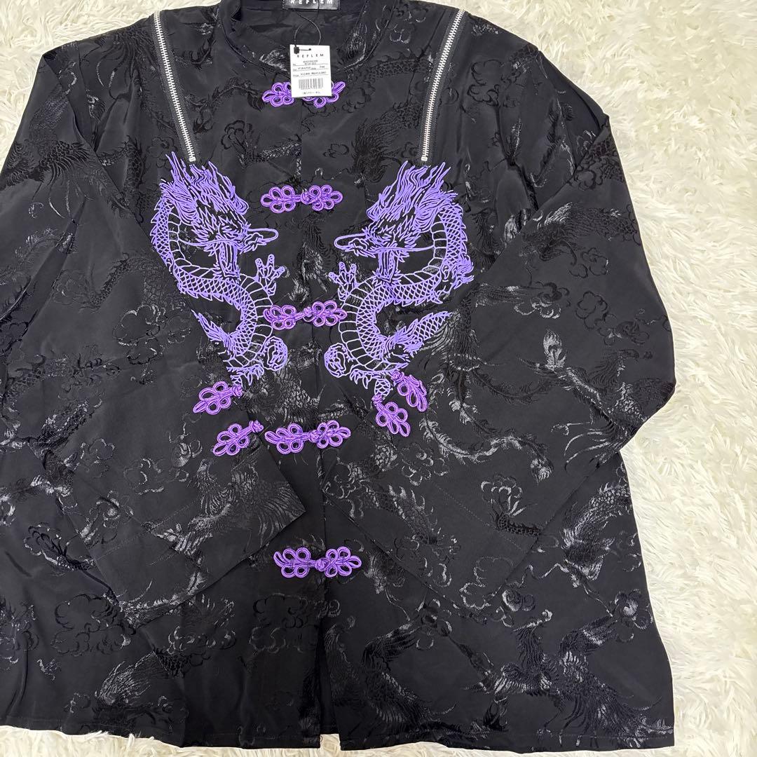 新品✨未使用✨レフレム ドラゴンチャイナシャツ 黒×紫 ショルダーZIP 長袖