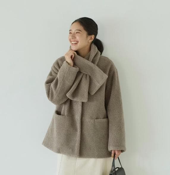 北欧、くらしの道具店　大人のためのウール混ボアコート（マフラー付）/モカブラウン
