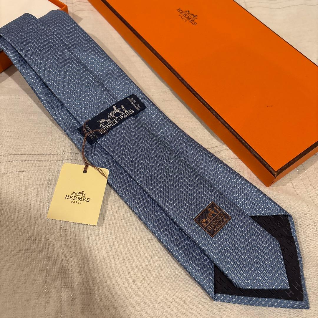 【新品・未使用】HERMES エルメス　ブルー ヘリンボーン ネクタイ