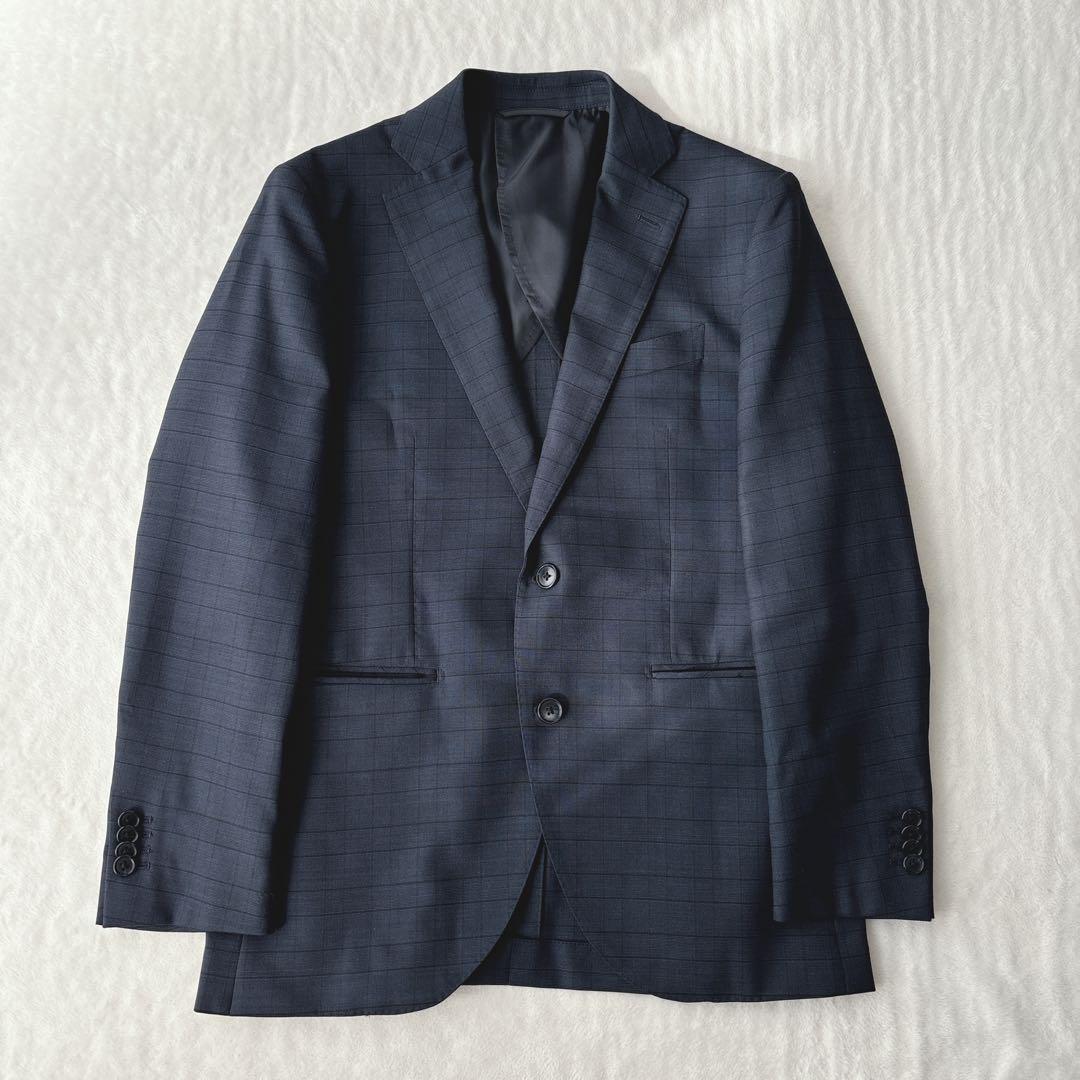 【美品】ユニバーサルランゲージ　スリーピース　スーツ　チェック柄　ネイビー