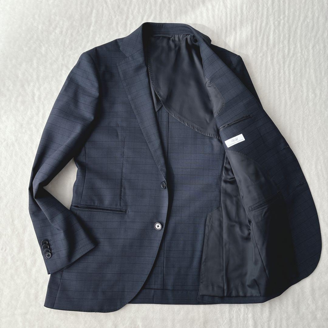 【美品】ユニバーサルランゲージ　スリーピース　スーツ　チェック柄　ネイビー