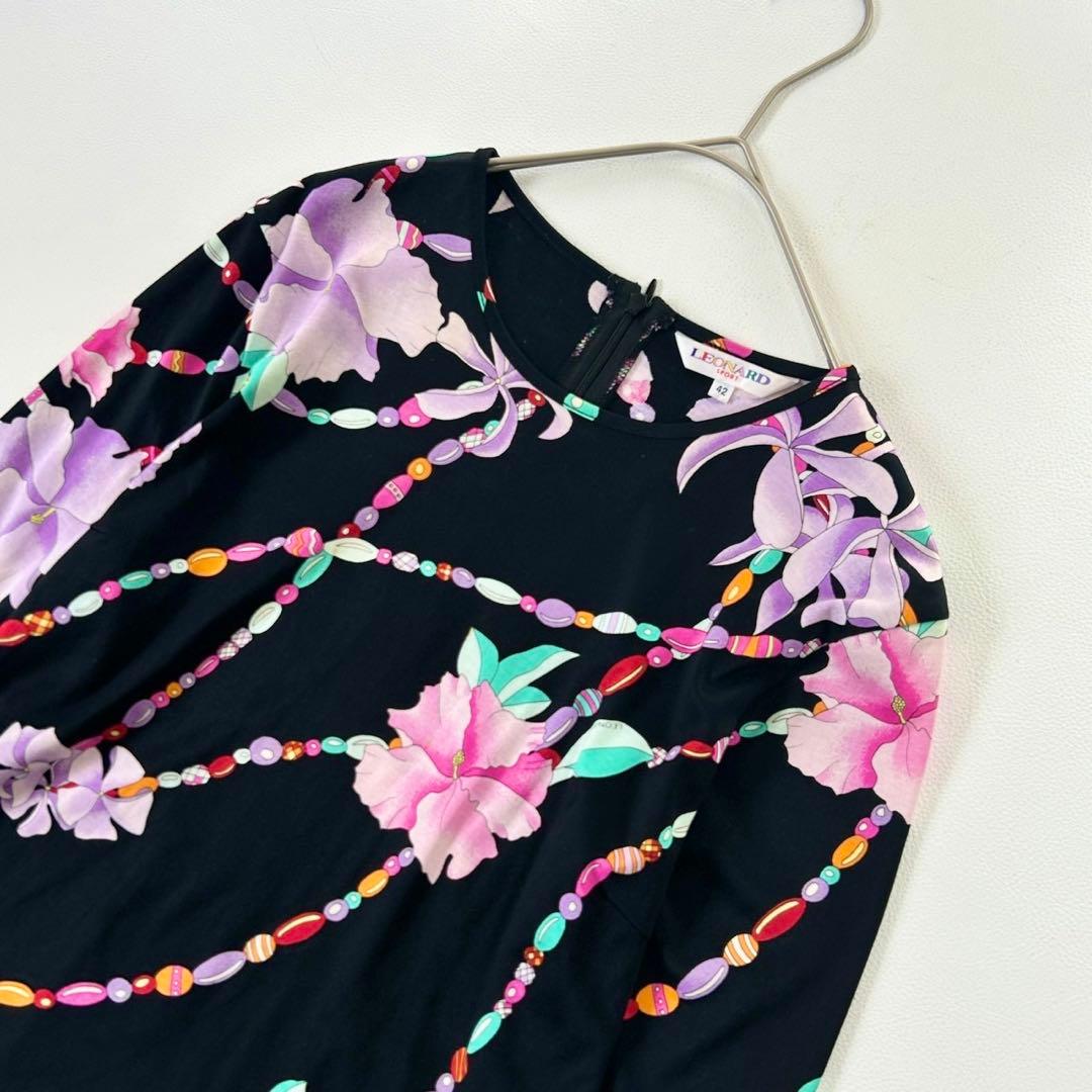 大きいサイズ42 レオナール 豪華花柄 チュニック ブラック ゆったり