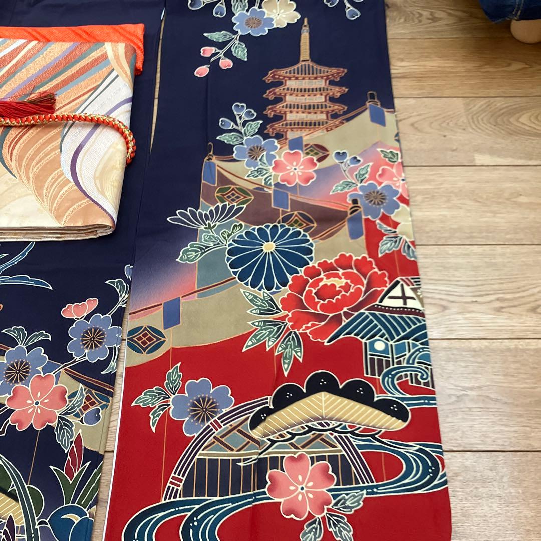 お値下げ　振袖 フルセット　京紅型　宮崎良次　落款あり紺色 正絹