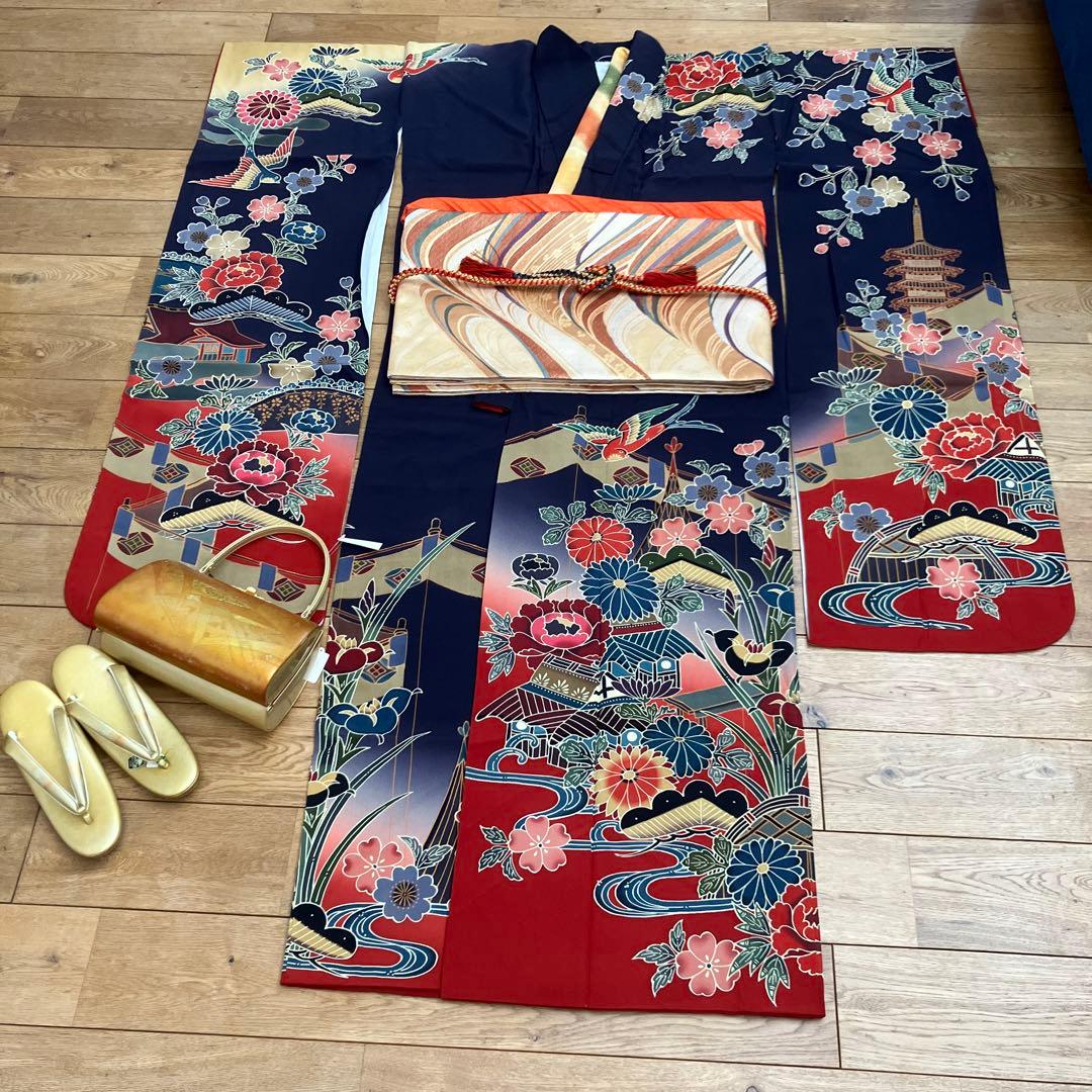 お値下げ　振袖 フルセット　京紅型　宮崎良次　落款あり紺色 正絹