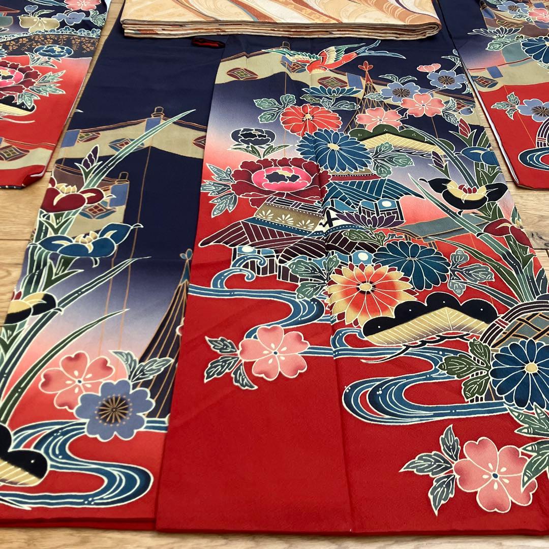 お値下げ　振袖 フルセット　京紅型　宮崎良次　落款あり紺色 正絹