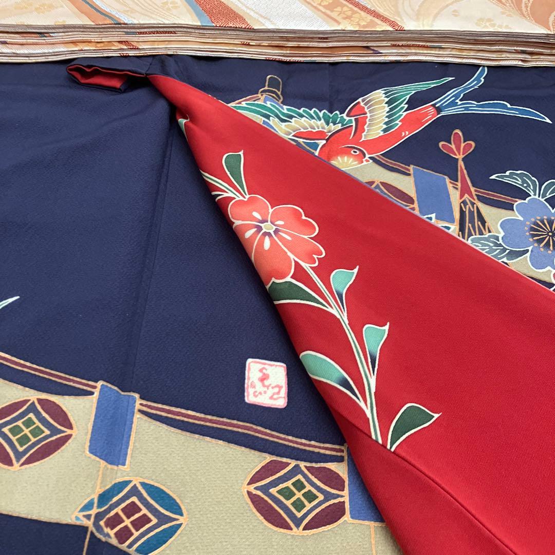 お値下げ　振袖 フルセット　京紅型　宮崎良次　落款あり紺色 正絹