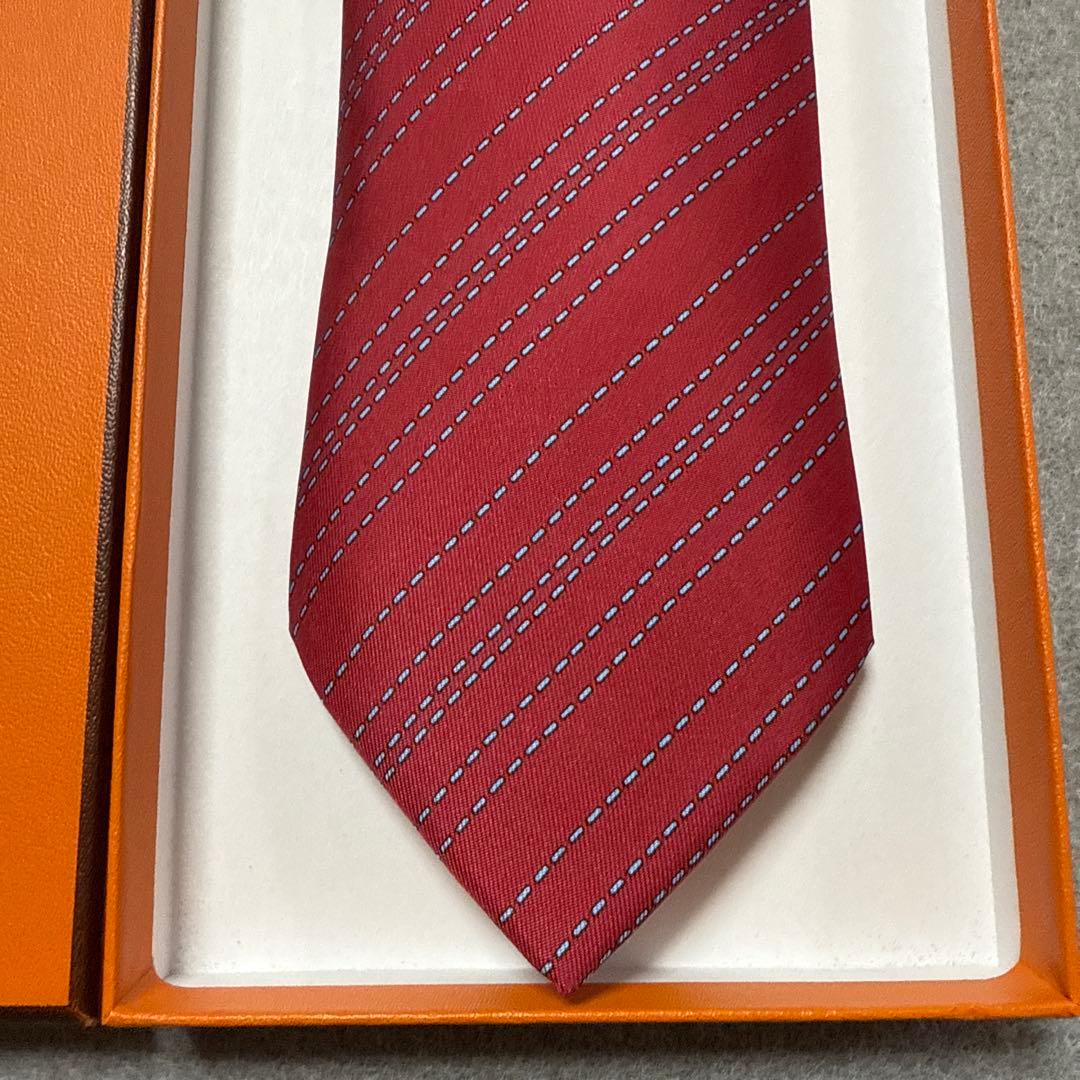 極美品　エルメス　ネクタイ　赤　ストライプ　シルク