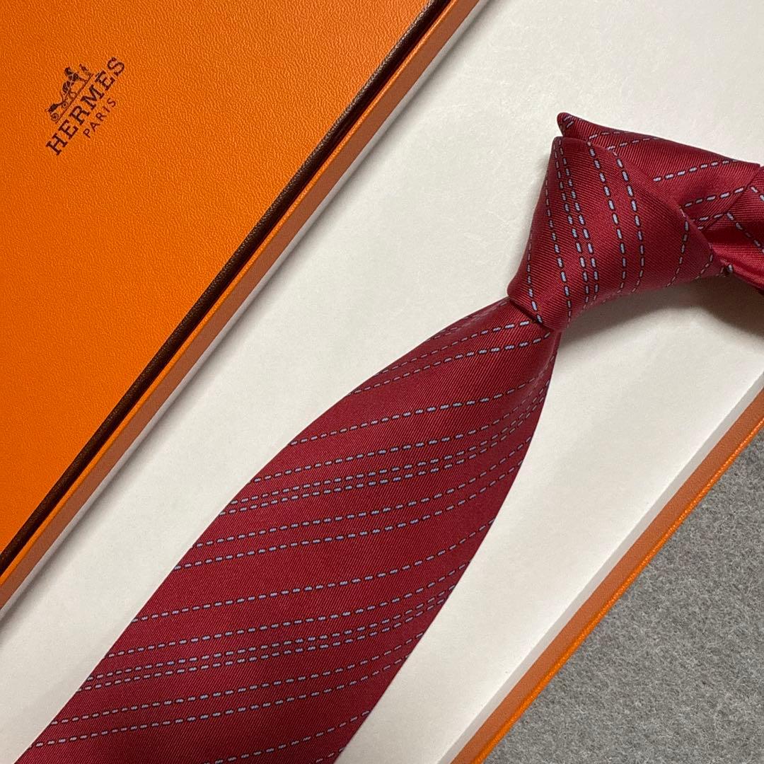 極美品　エルメス　ネクタイ　赤　ストライプ　シルク