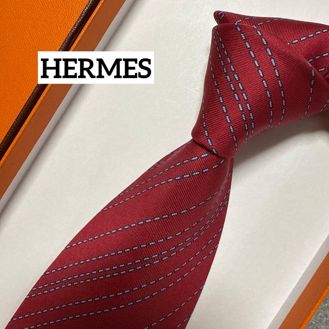 極美品　エルメス　ネクタイ　赤　ストライプ　シルク