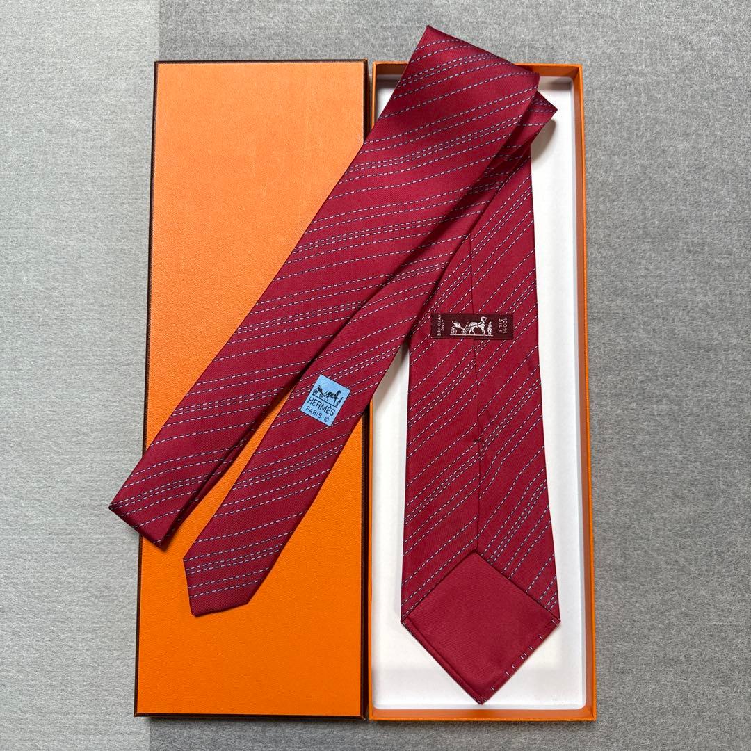 極美品　エルメス　ネクタイ　赤　ストライプ　シルク