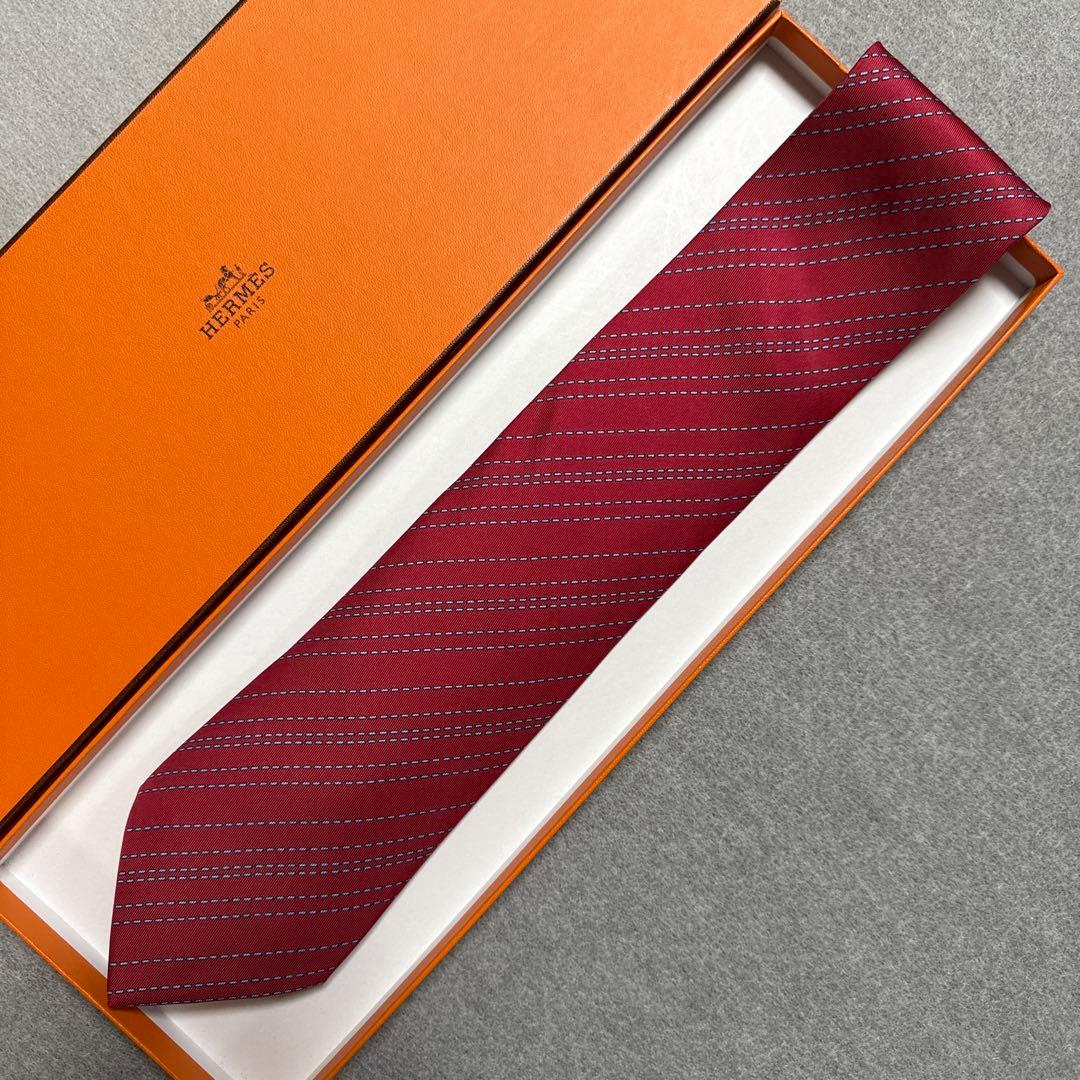 極美品　エルメス　ネクタイ　赤　ストライプ　シルク