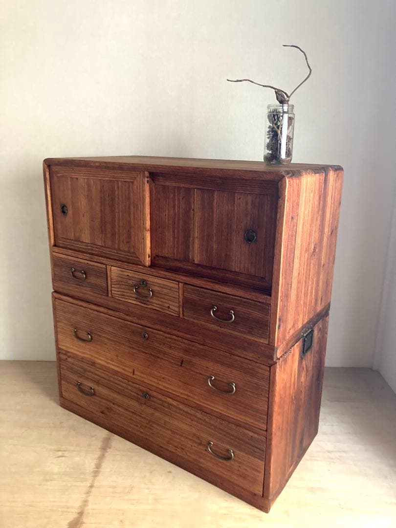 【送料込】アンティークの収納棚　無垢材　高さ93cm 上下分割可