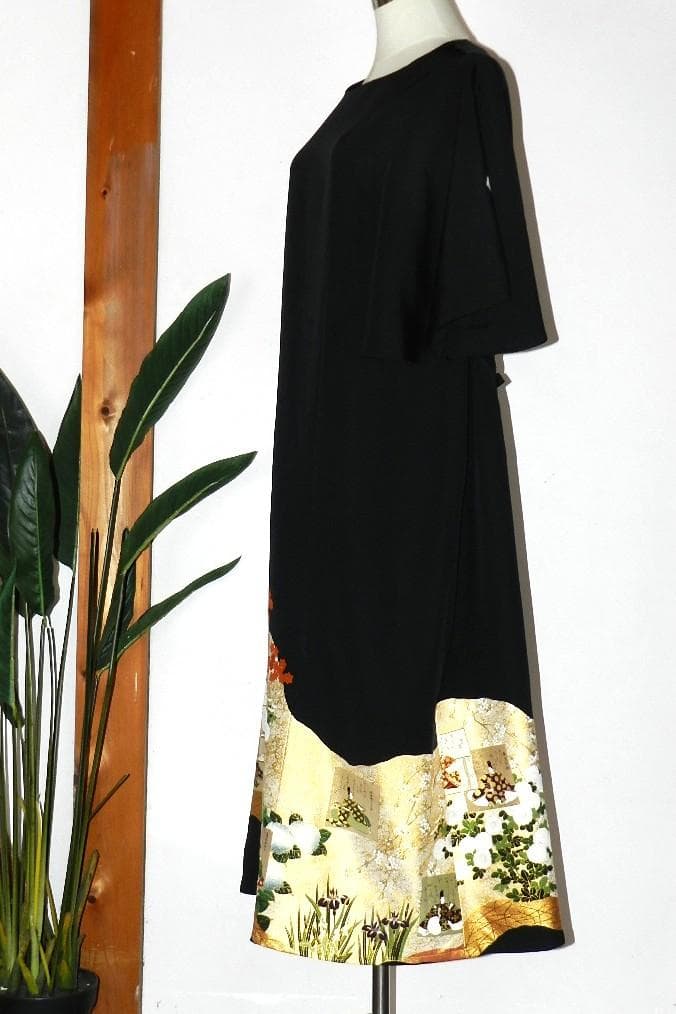 留袖　ワンピース　ドレス　フレアー袖　逸品　百人一首　正絹　482　夢ちりめん