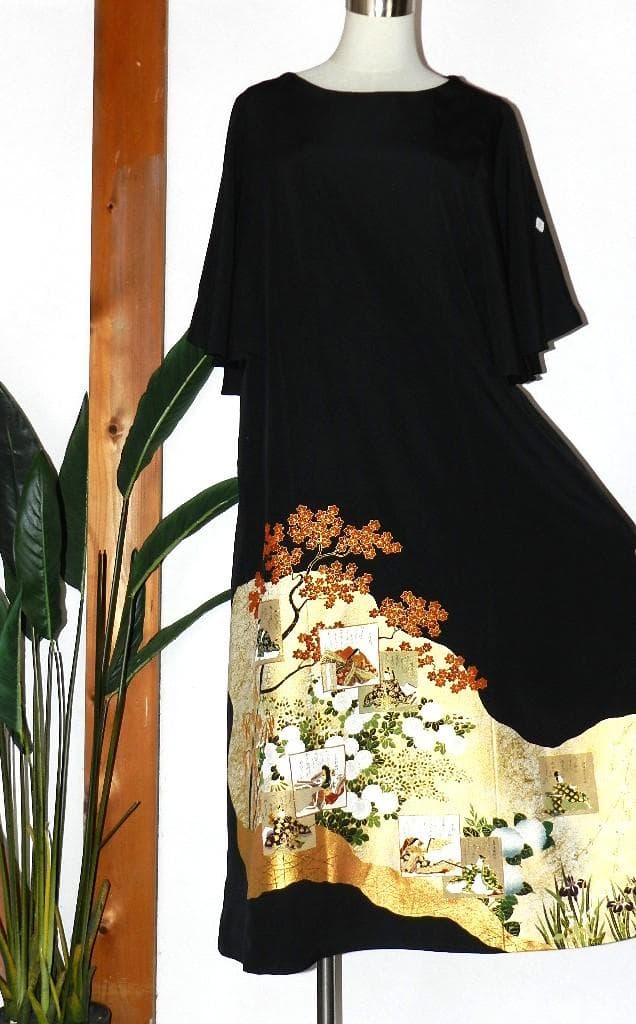 留袖　ワンピース　ドレス　フレアー袖　逸品　百人一首　正絹　482　夢ちりめん