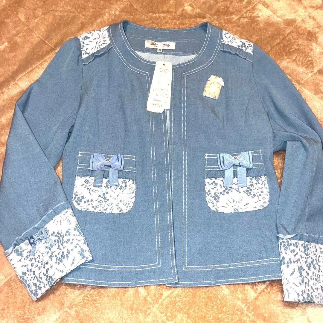 ち*ー様 春物 新品 スーパービューティー ノーカラーデニム風ストレッチジャケッ