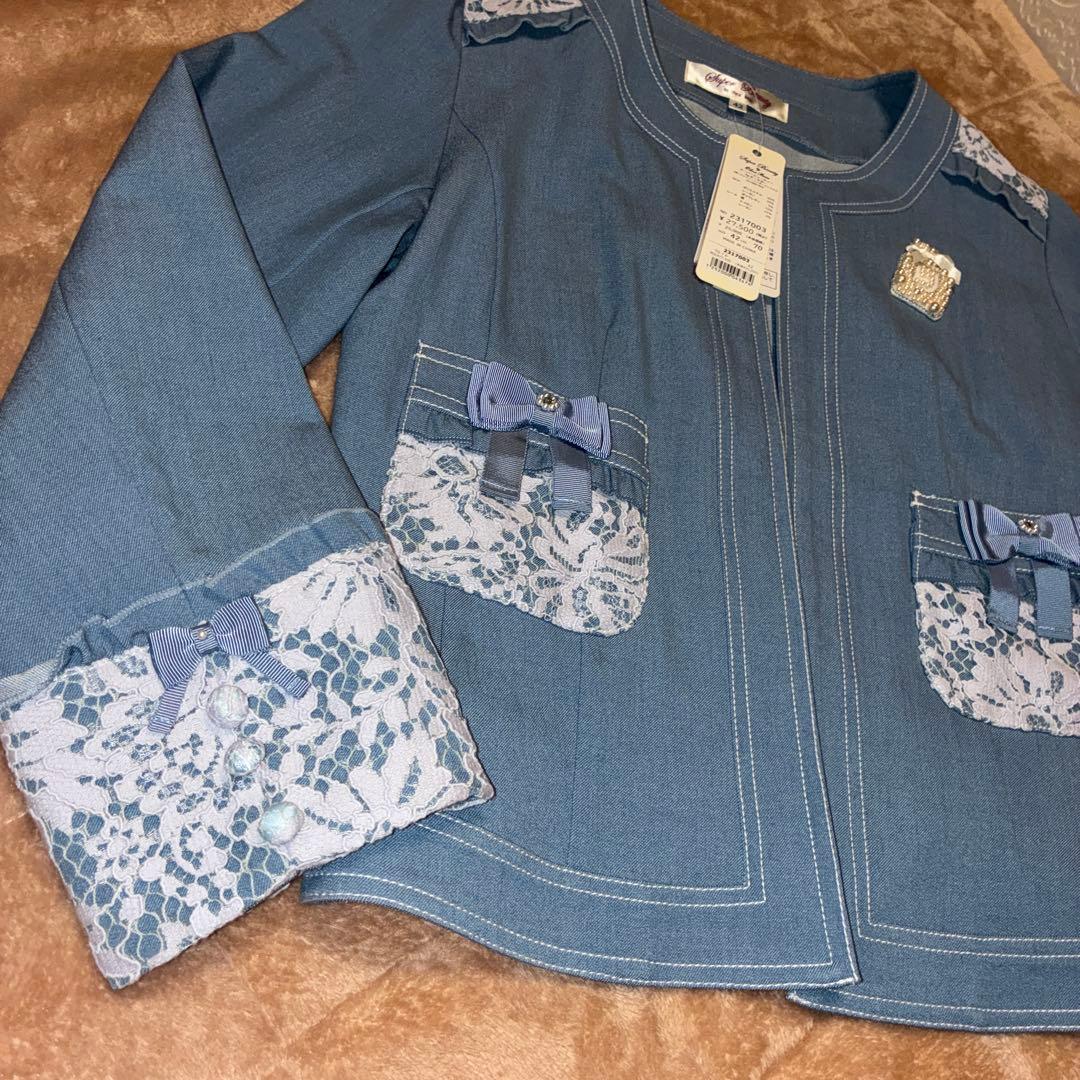 ち*ー様 春物 新品 スーパービューティー ノーカラーデニム風ストレッチジャケッ