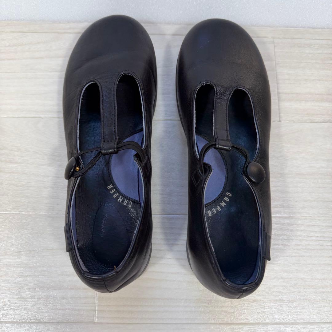 カンペール レザーフラットシューズ Tストラップ ブラック 36 23cm