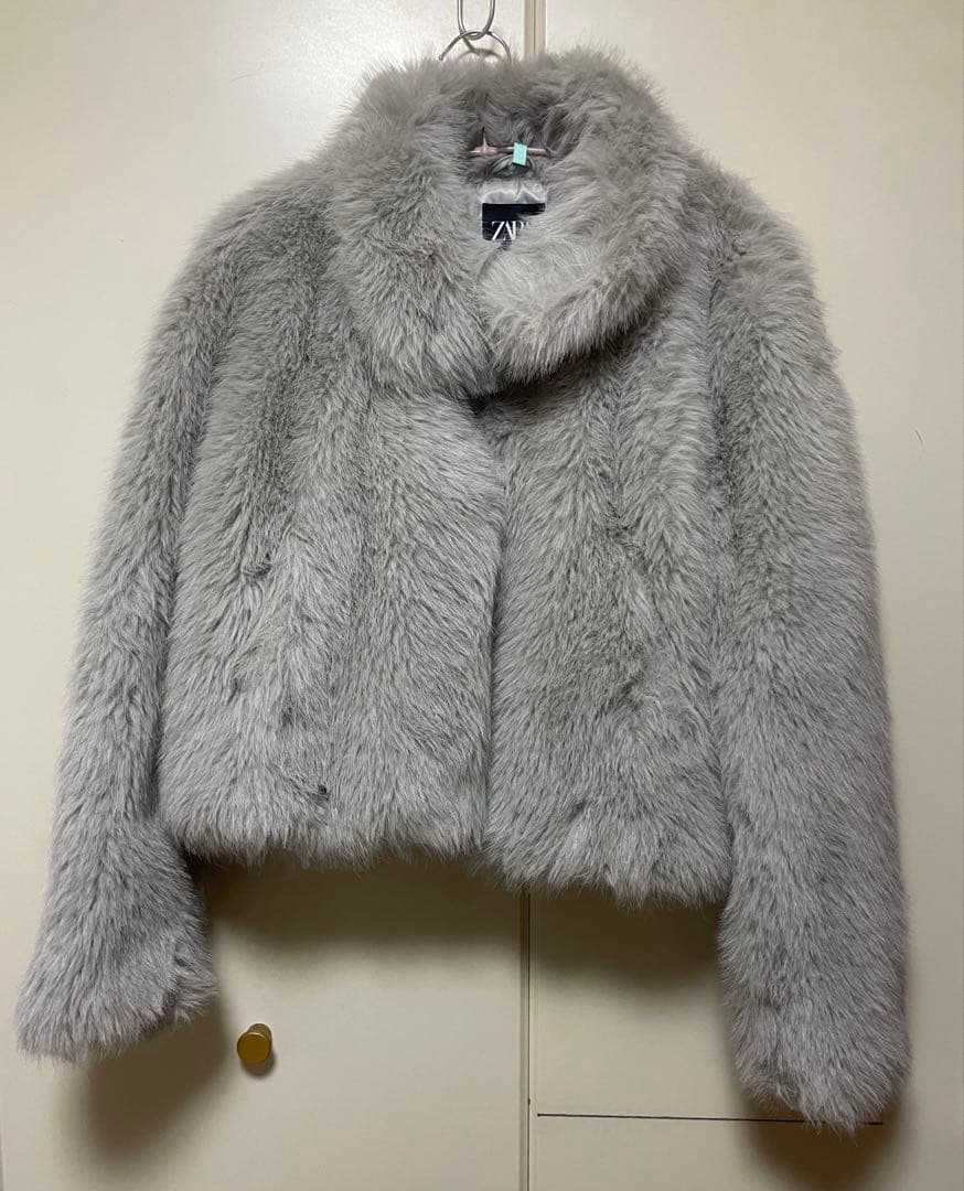 ZARA ザラ フェイクファーショートコート パールグレー M