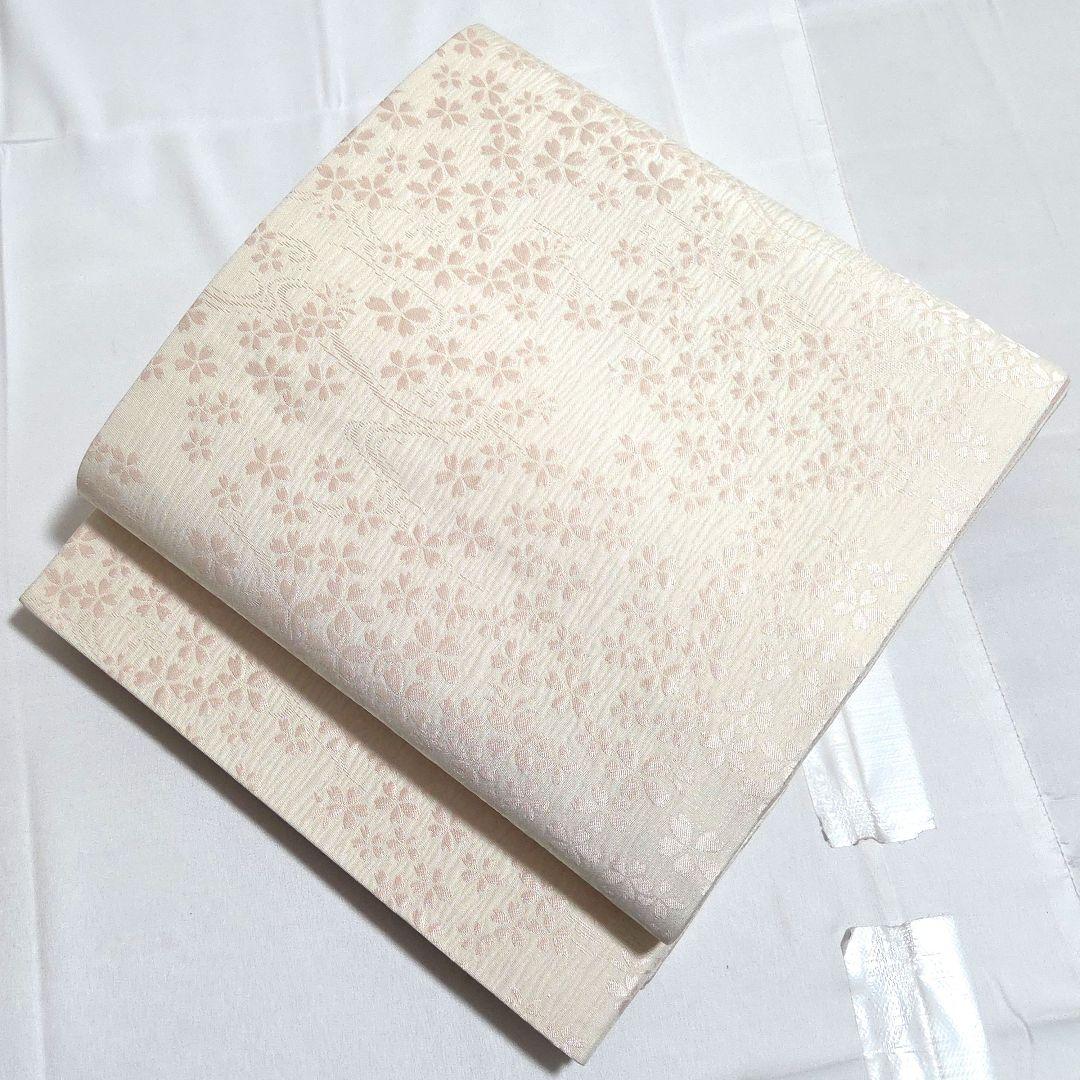 C◆着物くつろぎ さが美 桜の花模様 白 薄ピンク 六通 正絹 カジュアルな袋帯