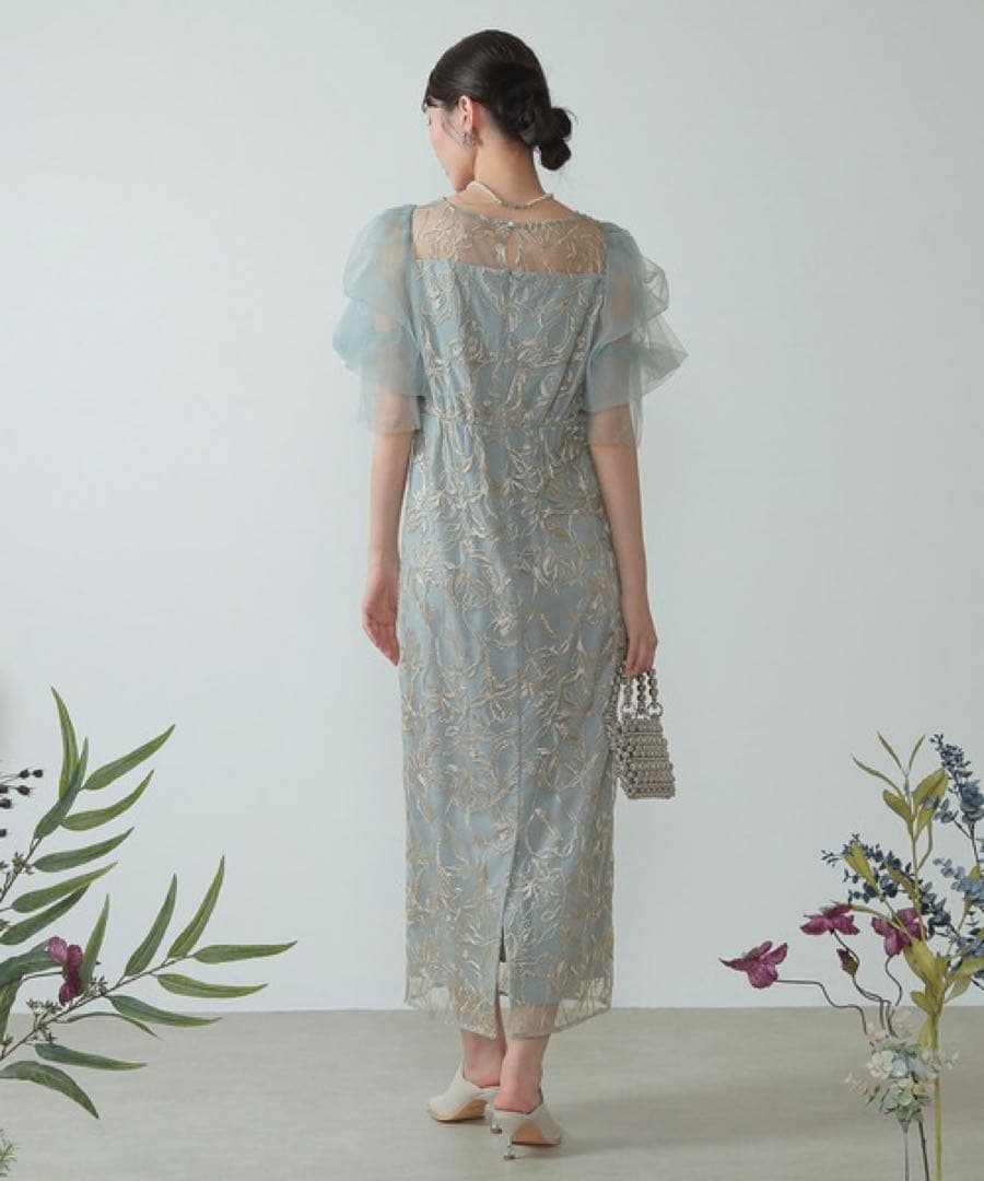 kana 刺繍レースチュールスリーブパーティードレス