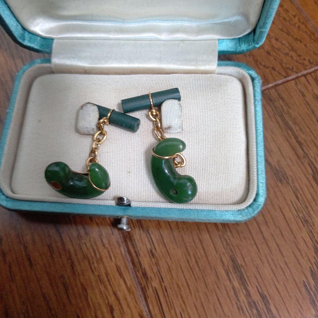 翡翠 緑色 フック型カフリンクス