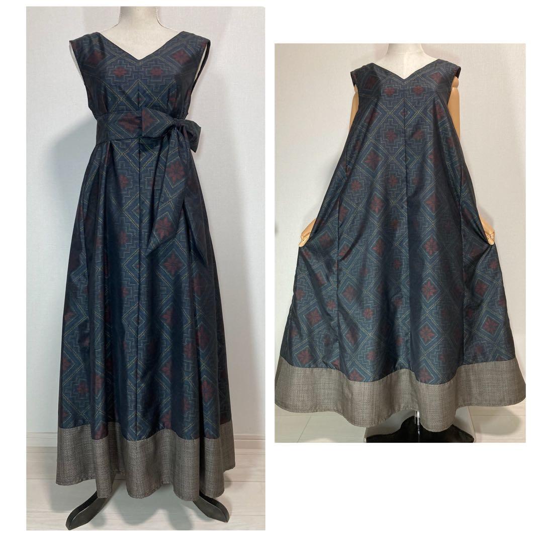 着物リメイク大島紬　裾切り替え深Vネックロングフレアワンピース着丈128㎝